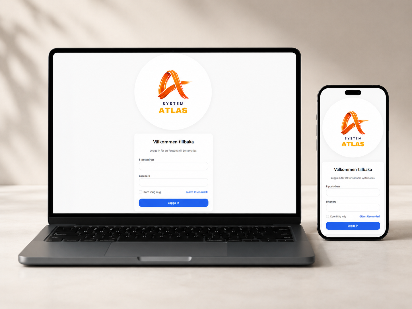 System Atlas SaaS-produkt presenterad med inloggningsvy på laptop och mobil