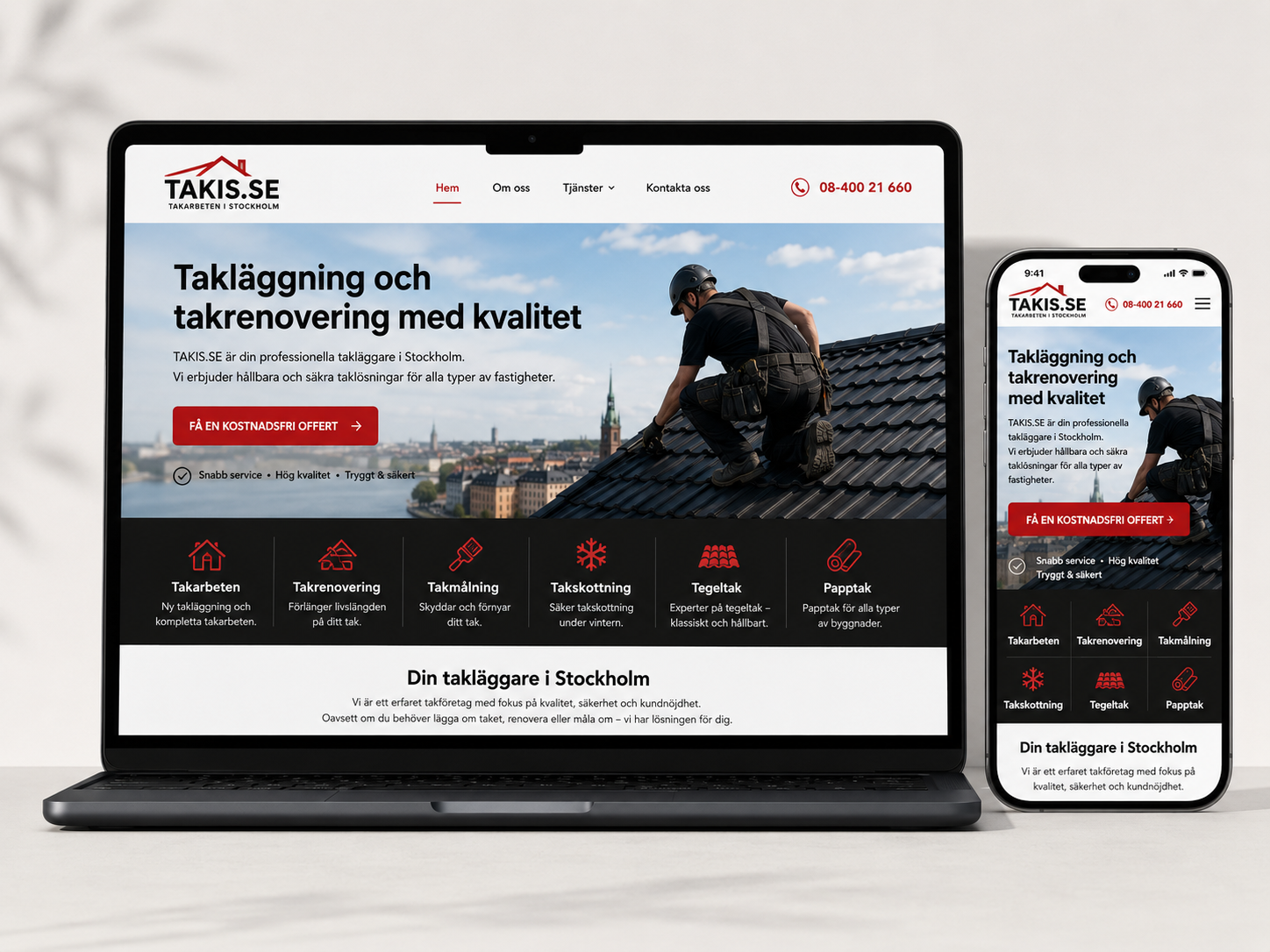 Takis webbplats presenterad på laptop och mobil